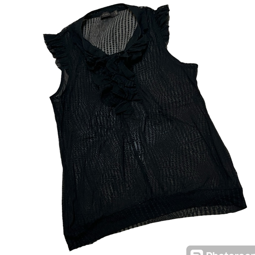 Vintage blouse 90’s Y2K The Limited Black Dotted Sheer Ruffled Cap Sleeve
